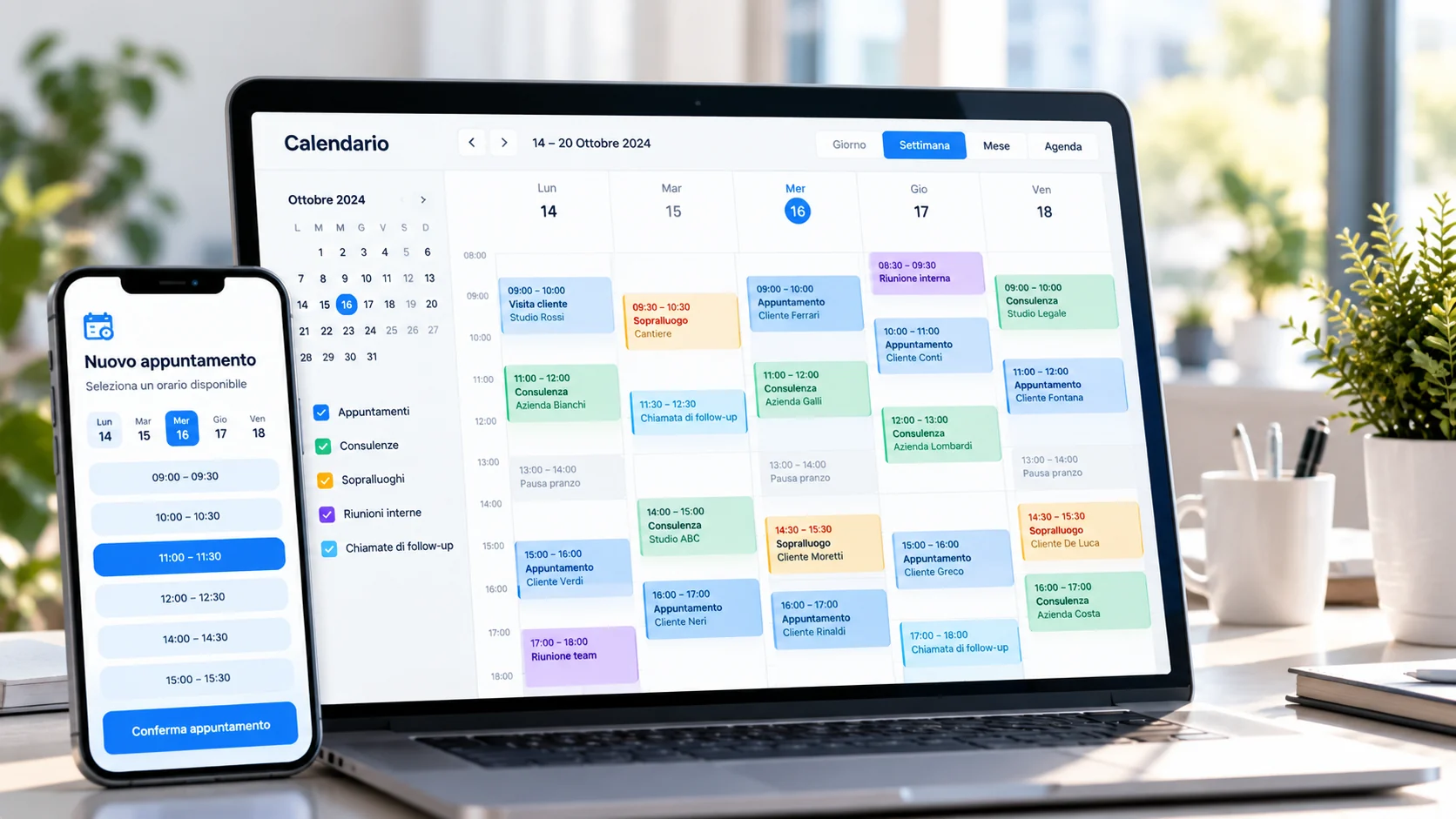 Calendario digitale con appuntamenti e disponibilità settimanali, gestibili tramite un Assistente Telefonico AI integrato con i calendari aziendali