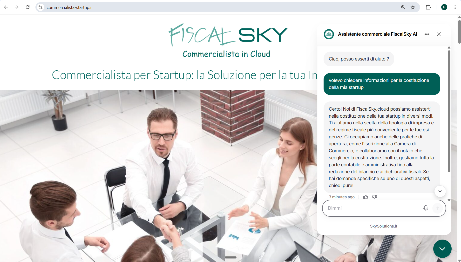 Assistente Virtuale AI FiscalSky integrato nel sito commercialista-startup.it